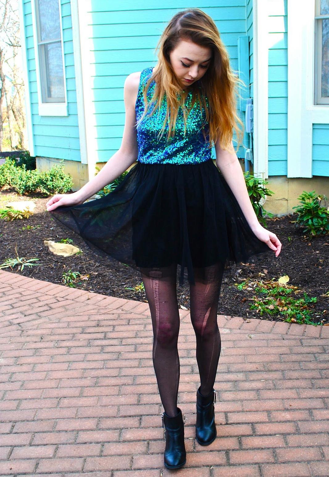 Auburn Teen Girl wearing Black Ripped Sheer Pantyhose